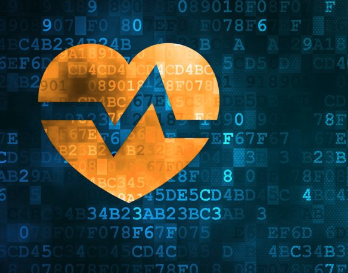 Ett illustrerat hjärta med en blixt som går igenom, nummersffror i bilden gör att den ser tekniktung ut